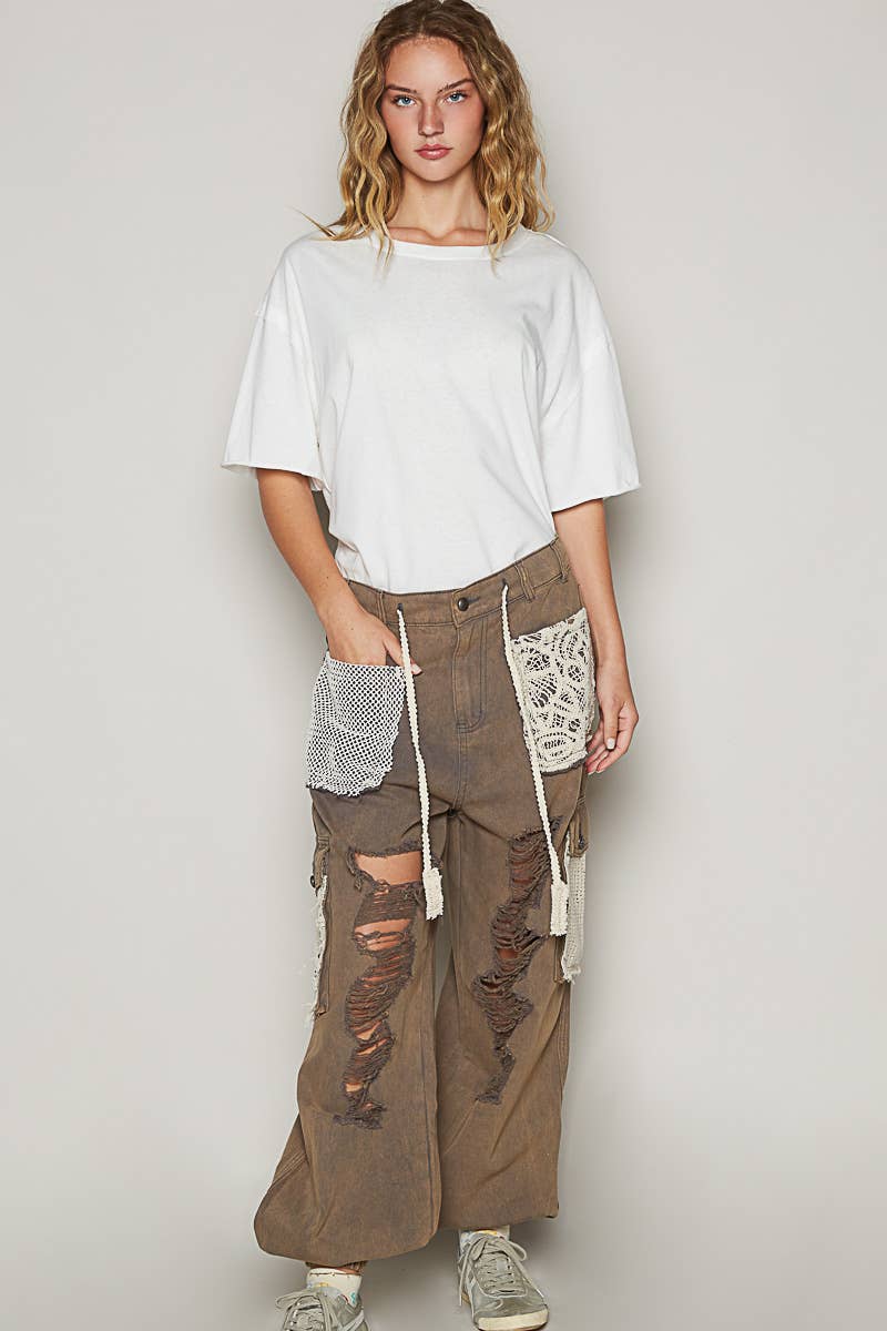 Vintage wash crochet patches distress jogger pants SALE: CAMO / S