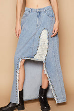 Stud detail long denim skirt: DENIM with distressed hem and underlay fabric