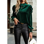 Knot Back Cut Out Mock Neck Solid Velvet Blouse: WINE / M