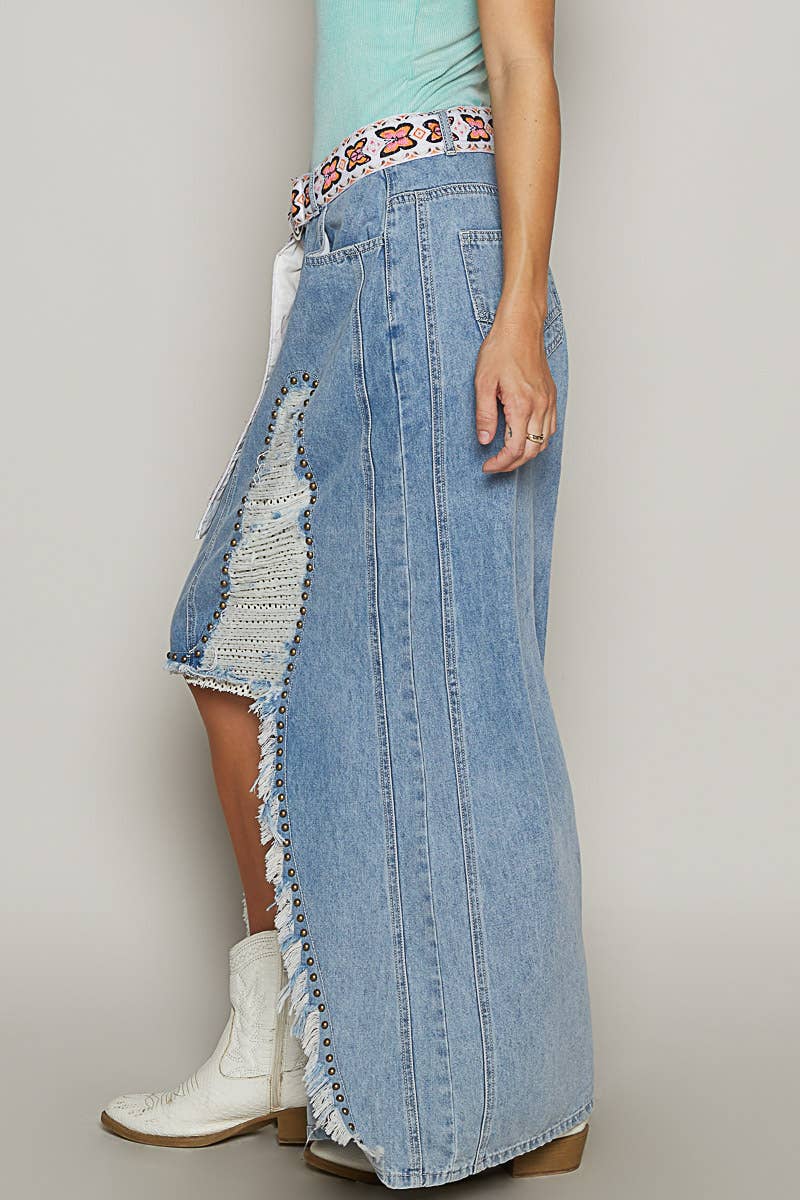 Stud detail long denim skirt: DENIM with distressed hem and underlay fabric