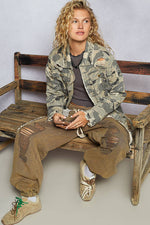 Zipper waist tie camo jacket