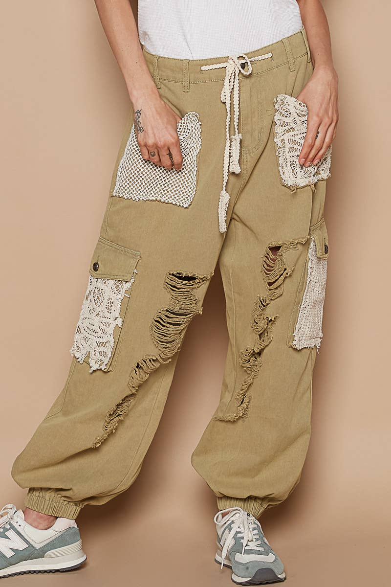 Vintage wash crochet patches distress jogger pants SALE: CAMO / S