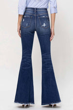 DISTRESSED HIGH RISE FLARED JEANS WITH FRONT SEAM