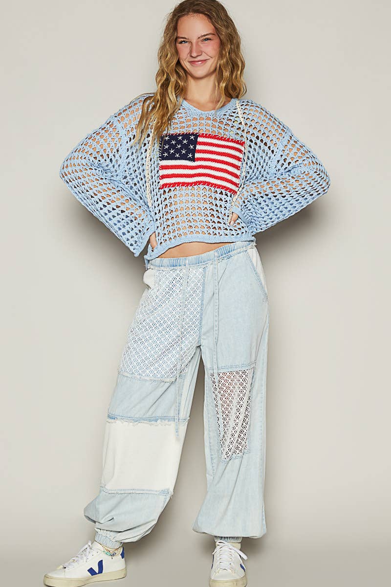 Long sleeve American flag hoodie top Beige