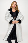 Women's Long Fur Lined silver Metallic Oversized Coat: Silver with light interior