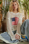 Long sleeve American flag hoodie top Beige