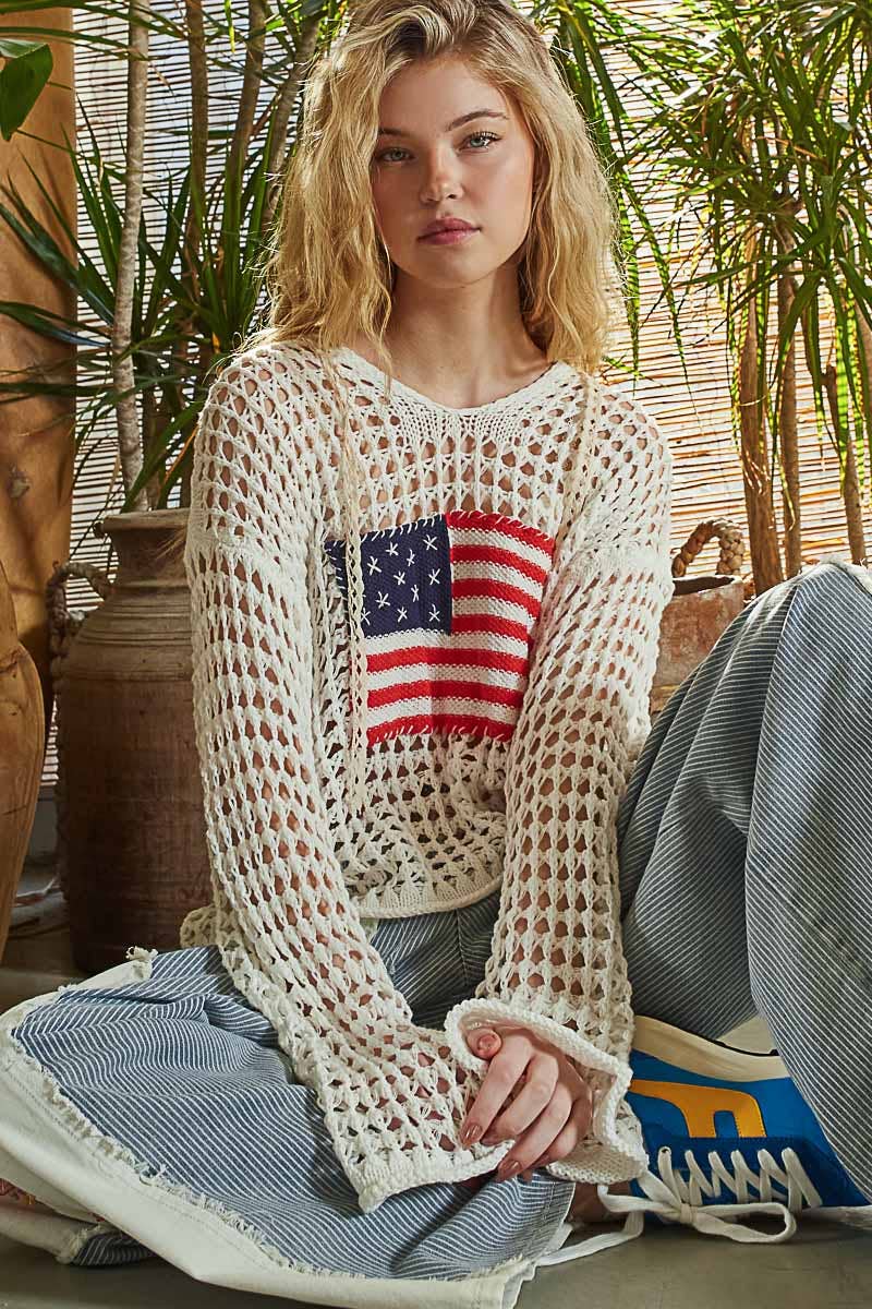 Long sleeve American flag hoodie top Beige