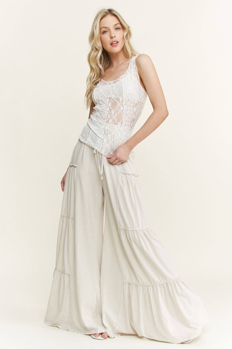 Mineral Washed Tiered Wide Leg Pants HP5033P1: Silver Grey / S-M-L / 2-2-2