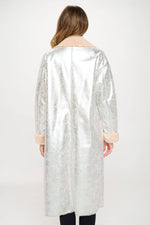 Women's Long silver Fur Lined silver Metallic Oversized Coat: Silver-Black interior