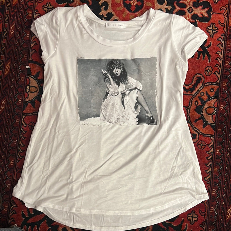 White Stevie Nicks Flips Bird T Shirt