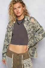 Zipper waist tie camo jacket