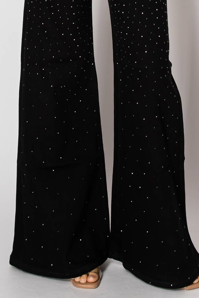 Embellished wide leg black denim jeans