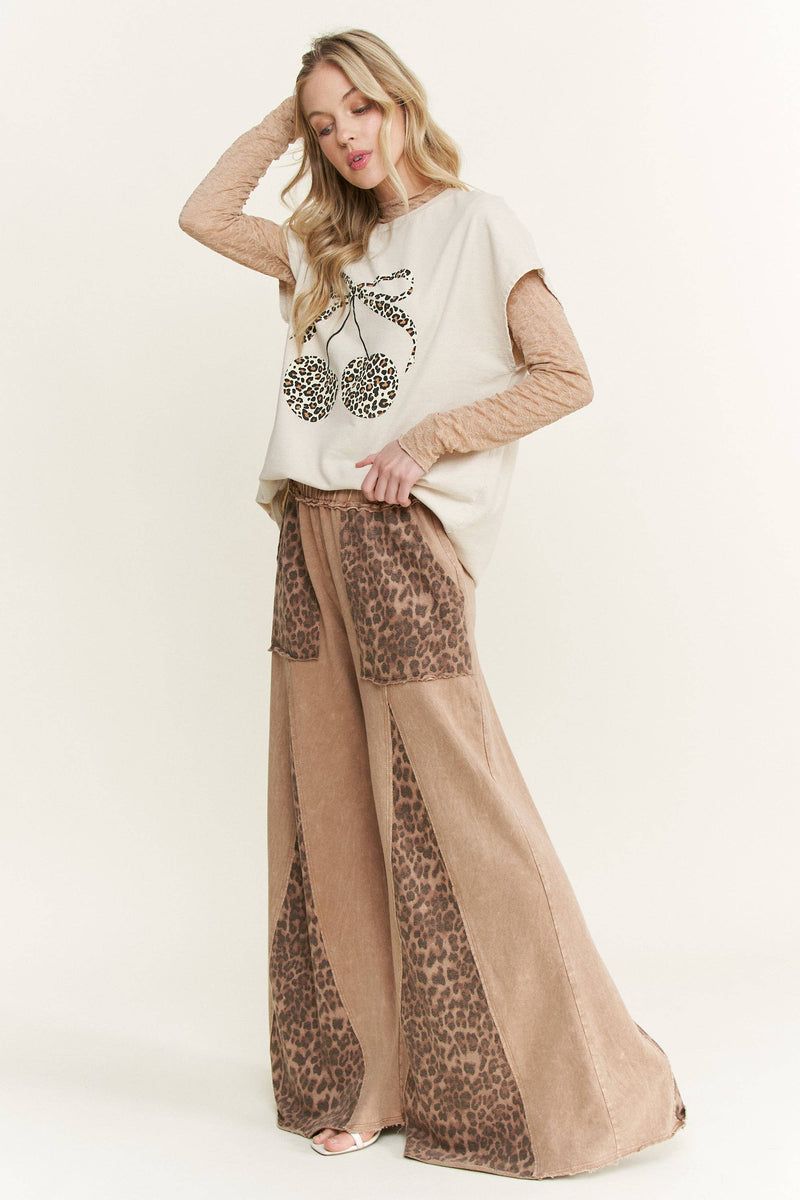 Mineral Washed Leopard Animal Print Flare Pants HP5783P1: Charcoal / S-M-L / 2-2-2