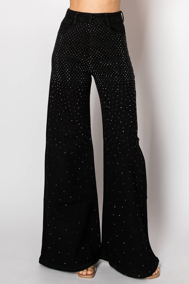 Embellished wide leg black denim jeans