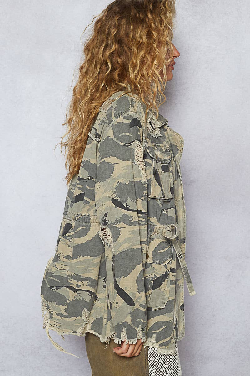 Zipper waist tie camo jacket