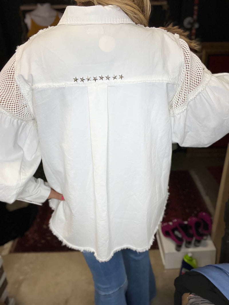 White denim mesh jacket with silver stars