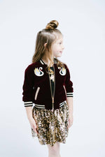 Kids Deep Red Velvet Bomber Jacket w/ Swans BURGUNDY