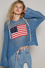 Long sleeve American flag hoodie top Beige