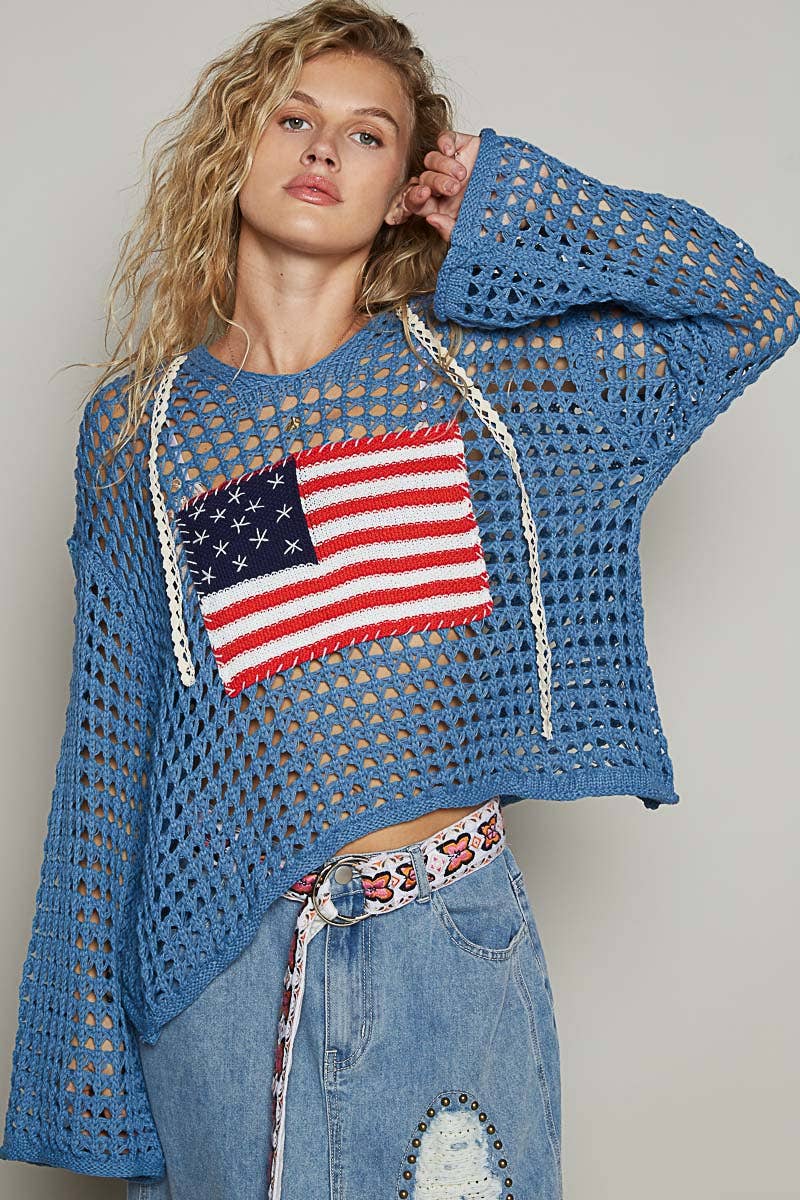 Long sleeve American flag hoodie top Beige