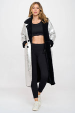 Women's Long Fur Lined silver Metallic Oversized Coat: Silver with light interior