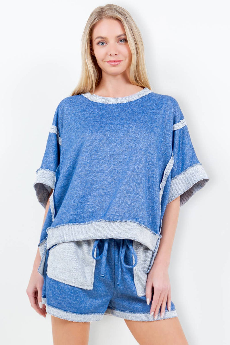 Oversize Reverse Contrast Banded Top HT4028: Neon pink / S-M-L / 2-2-2