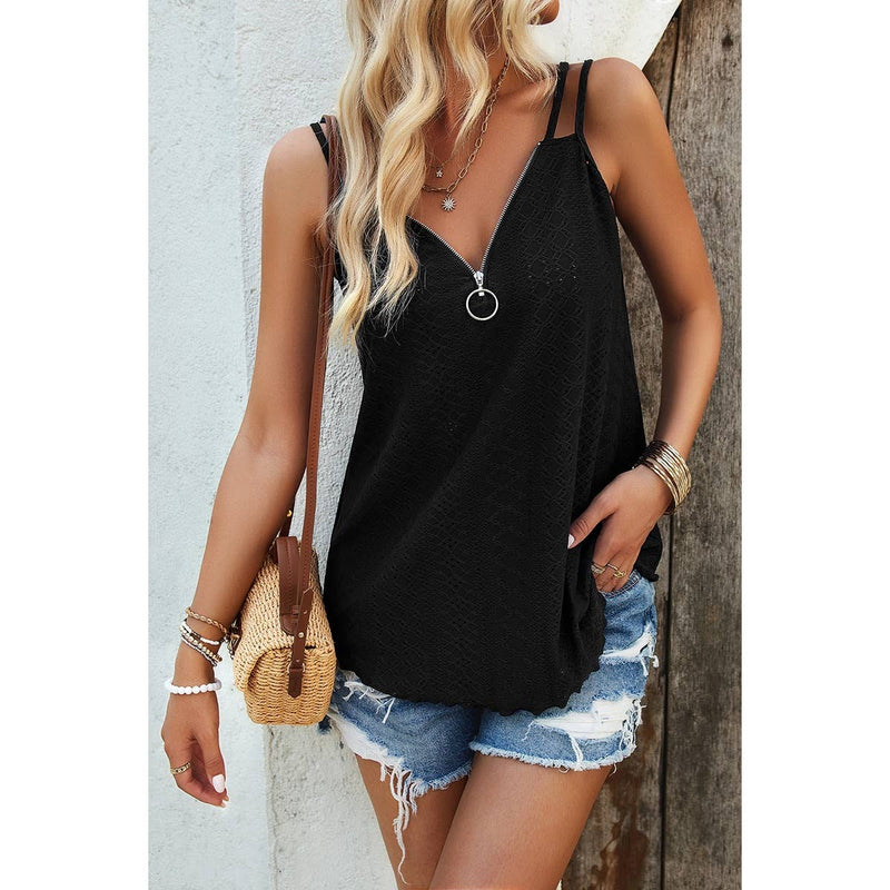 Half Zipper Deep V Neck Hollow Out Solid Top: BLACK / L