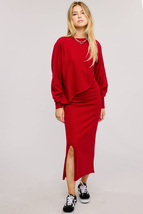 RED ASYMMETRICAL TOP N SKIRT KNIT SET