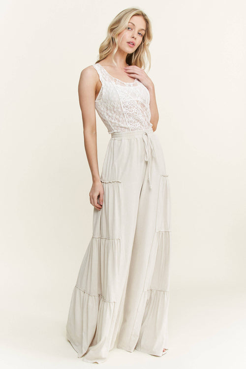 Mineral Washed Tiered Wide Leg Pants HP5033P1: Silver Grey / S-M-L / 2-2-2