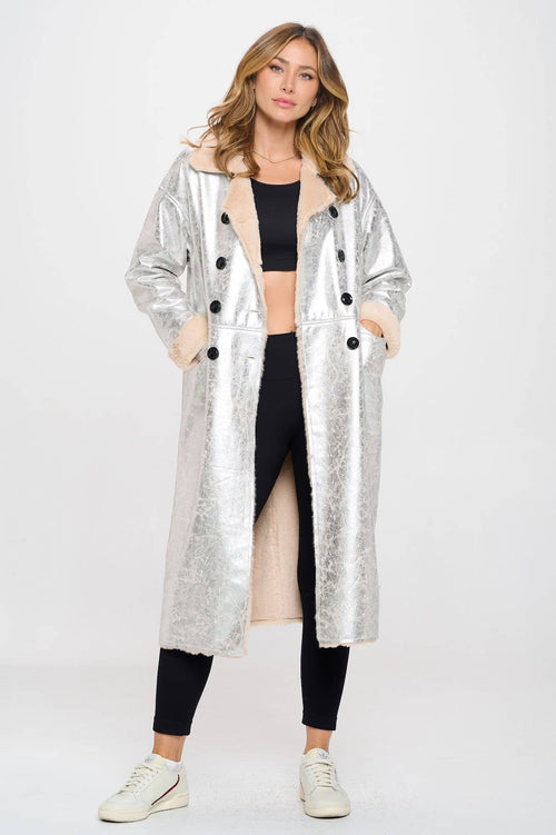 Women's Long Fur Lined Metallic Oversized Coat: Silver-Khaki / L