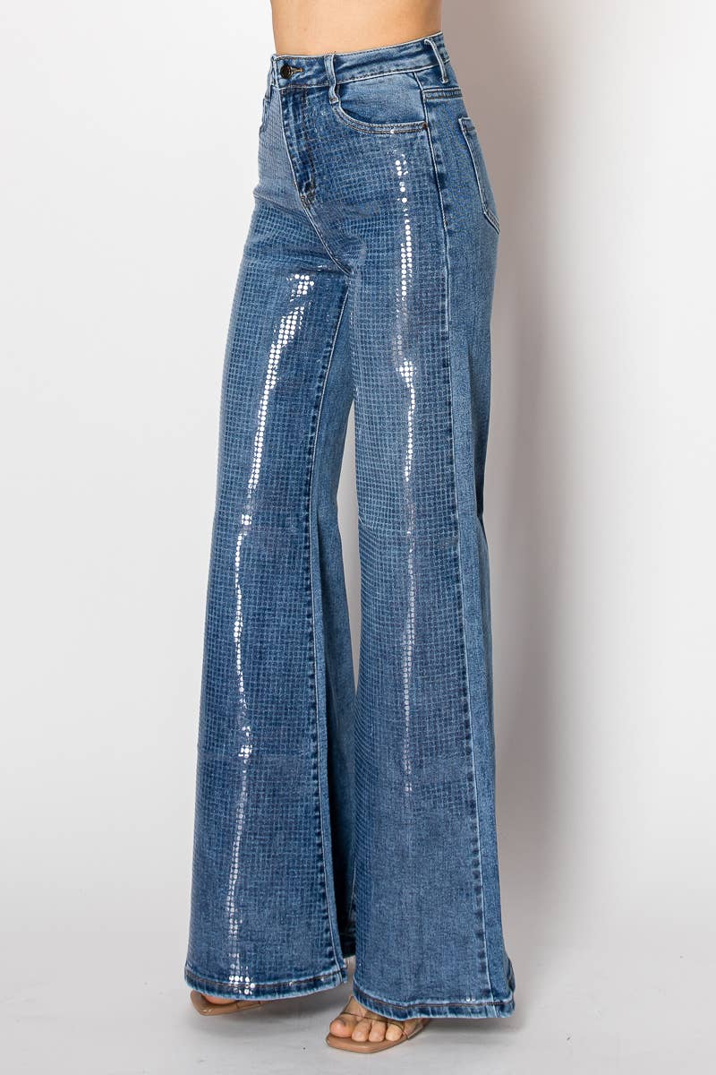 Embellished wide leg medium blue denim jeans