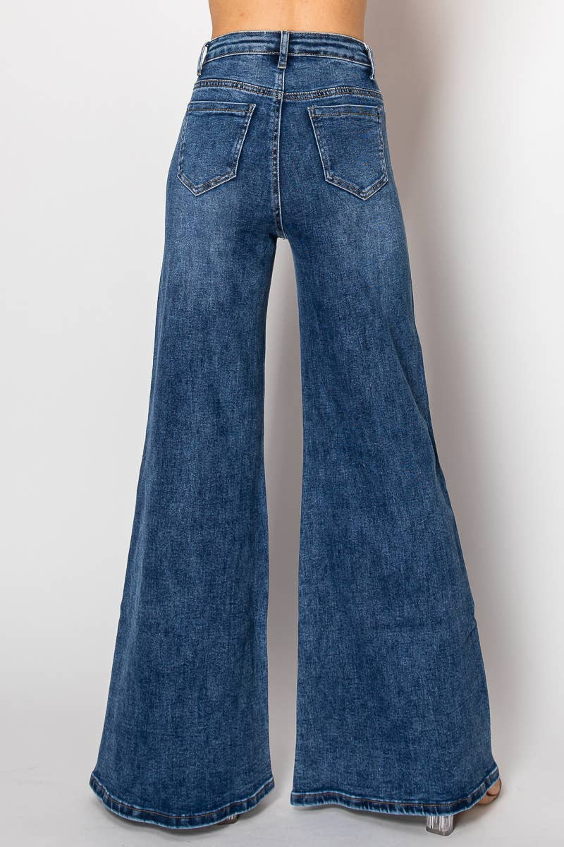 Embellished stretch wide leg medium blue denim jeans