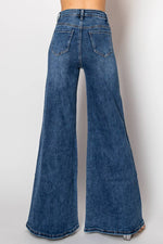 Embellished wide leg medium blue denim jeans