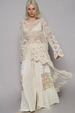 Round neck long sleeve elongated crochet top: NATURAL / Os