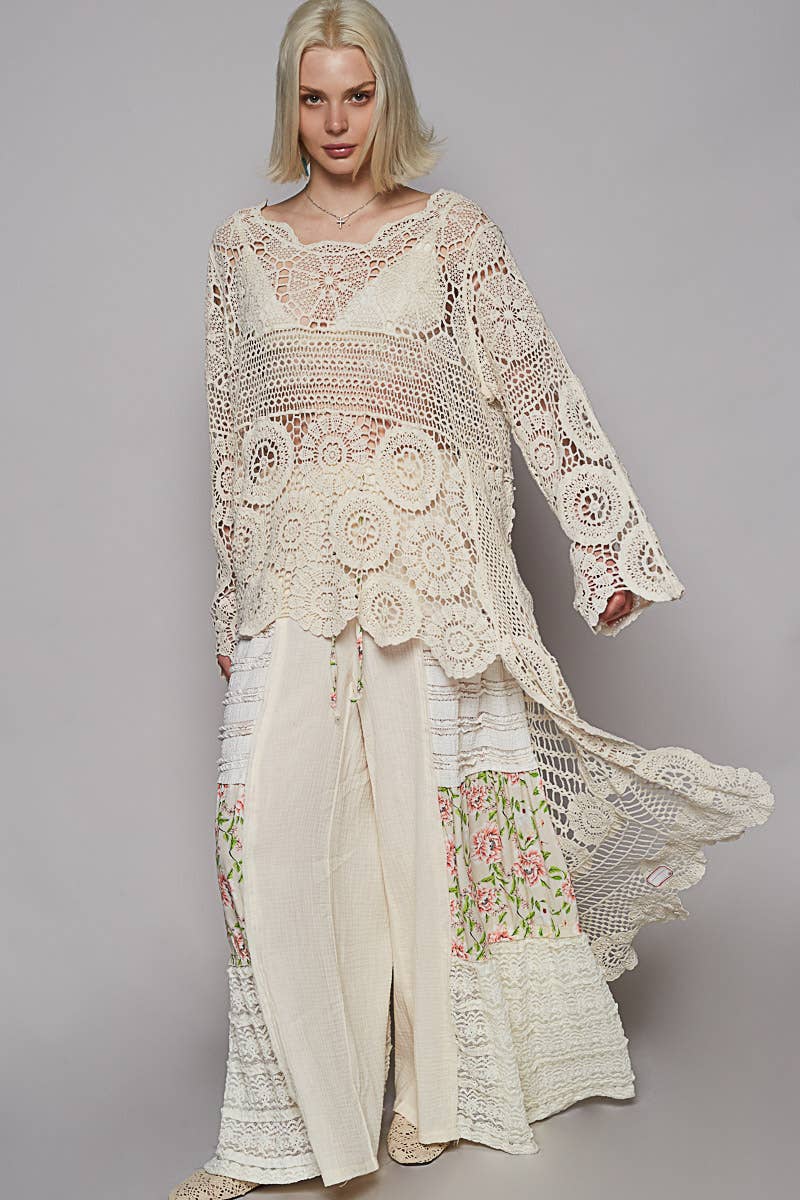 Round neck long sleeve elongated crochet top: NATURAL / Os