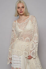 Round neck long sleeve elongated crochet top: NATURAL / Os