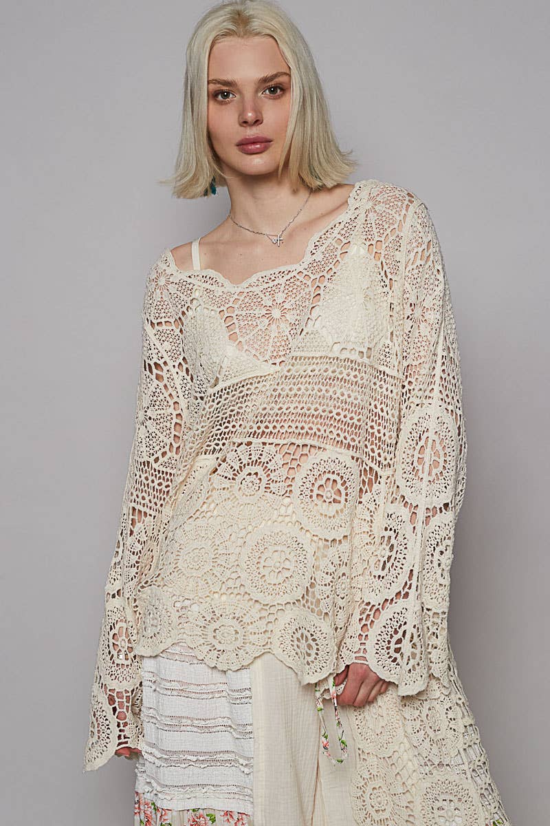 Round neck long sleeve elongated crochet top: NATURAL / Os
