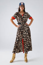 Maxi Leopard Button-Down Dress With Red Details: Brown / Large