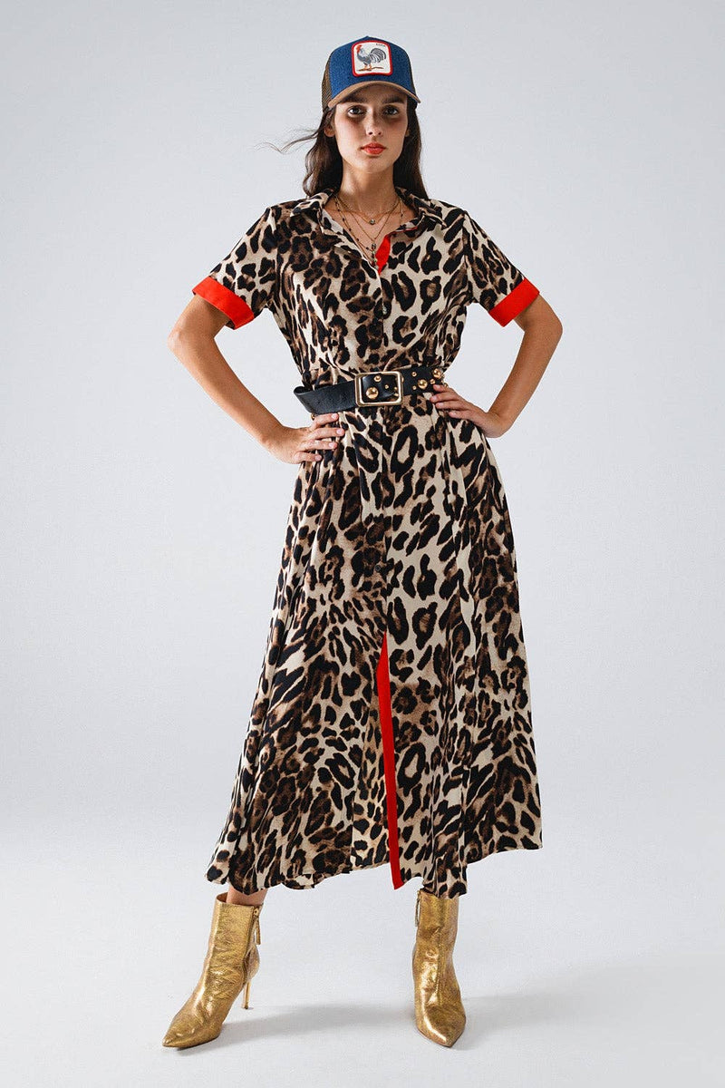 Maxi Leopard Button-Down Dress With Red Details: Brown / Large