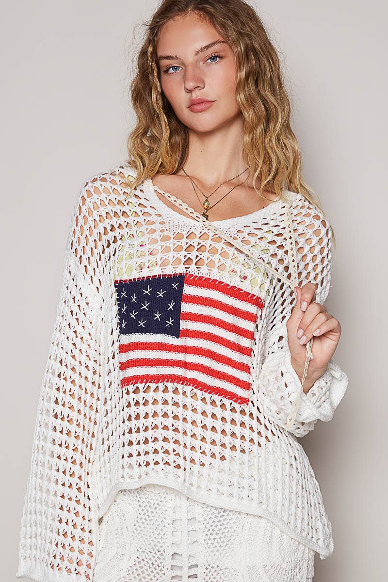 Long sleeve American flag hoodie top Beige