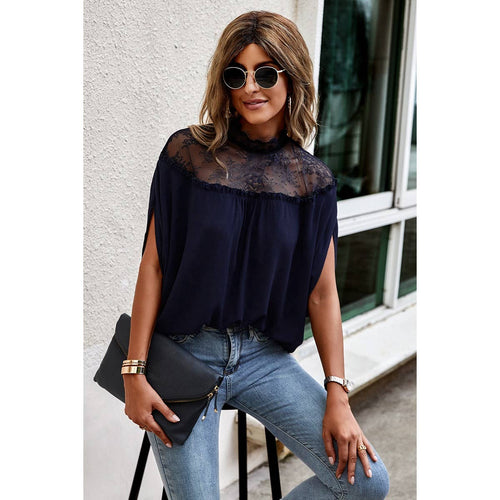 Boho Floral Mesh Lace Solid Blouse: BLACK / XL