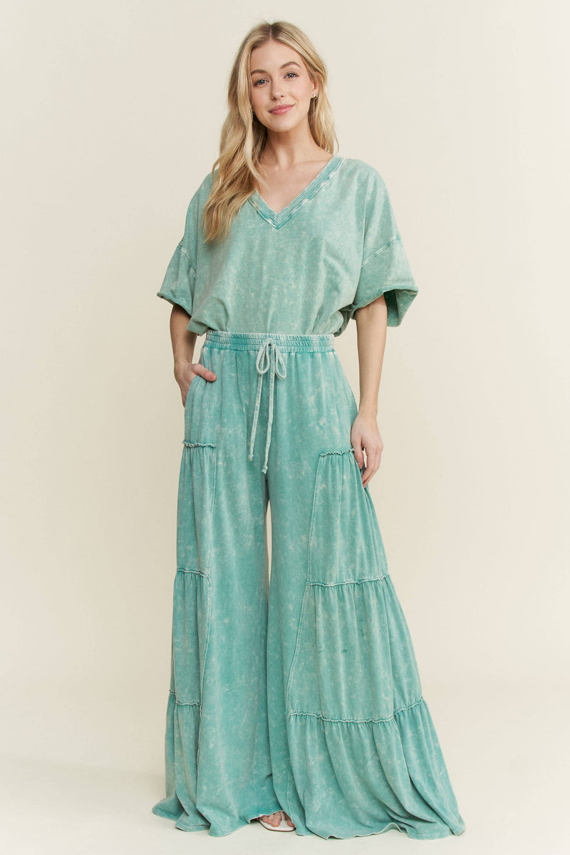 Mineral Washed Tiered Wide Leg Pants HP5033P1: Silver Grey / S-M-L / 2-2-2