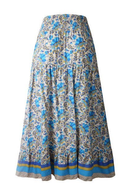 Floral Printed Ruffle Maxi Skirts: BLUE / M /