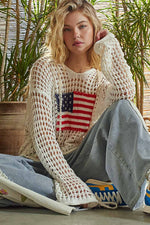 Long sleeve American flag hoodie top Beige