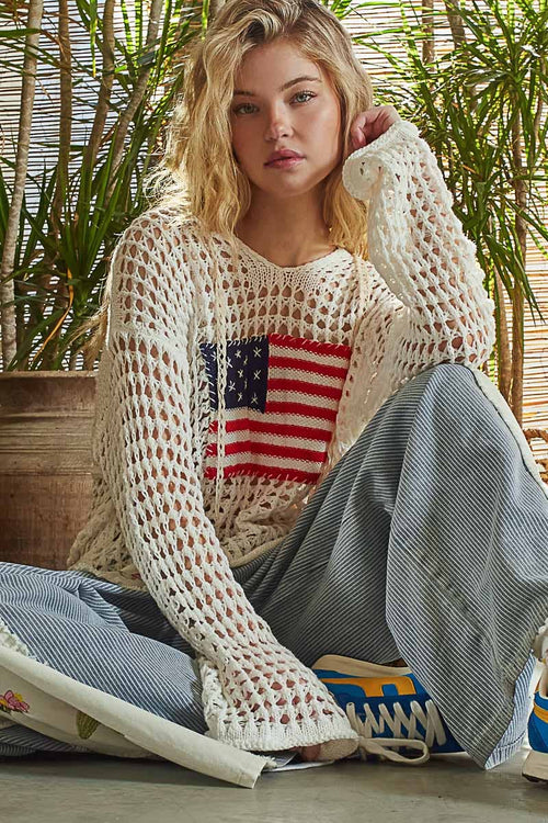 Long sleeve American flag hoodie top Beige