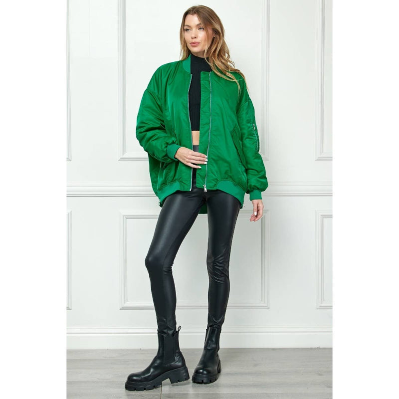 Long Army Green bomber jacket high low with side slipper