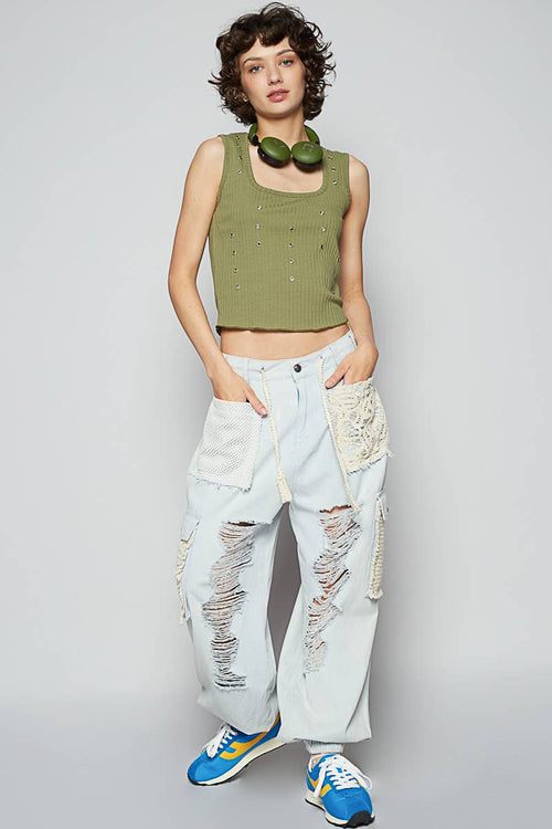 Vintage wash crochet patches distress jogger pants SALE: CAMO / S