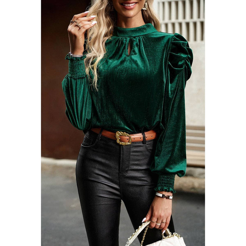 Knot Back Cut Out Mock Neck Solid Velvet Blouse: WINE / S