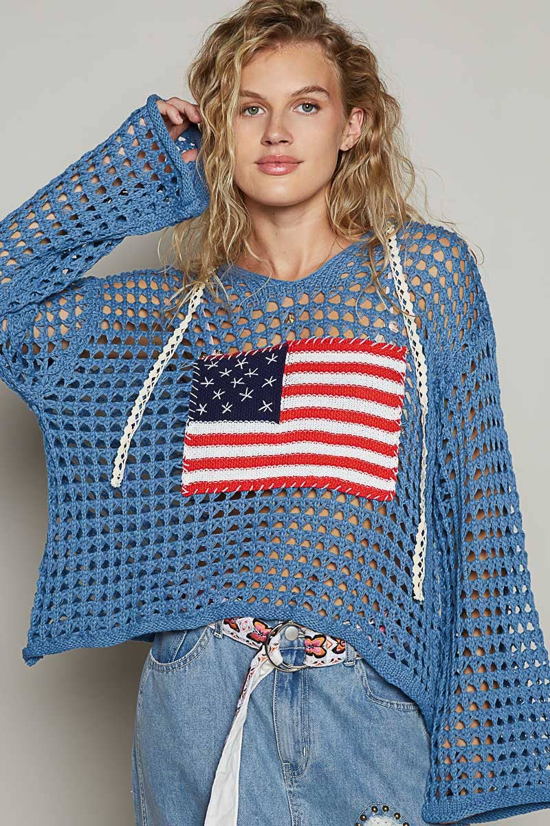 Long sleeve American flag hoodie top Beige