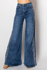 Embellished wide leg stretch medium blue denim jeans