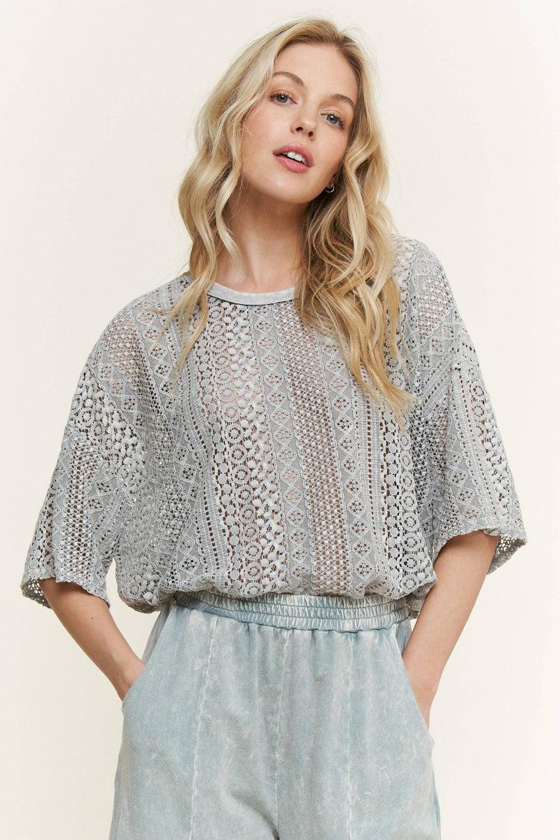 MineralWashed Lace summer blouse top HT6394 : Natural / S-M-L / 2-2-2